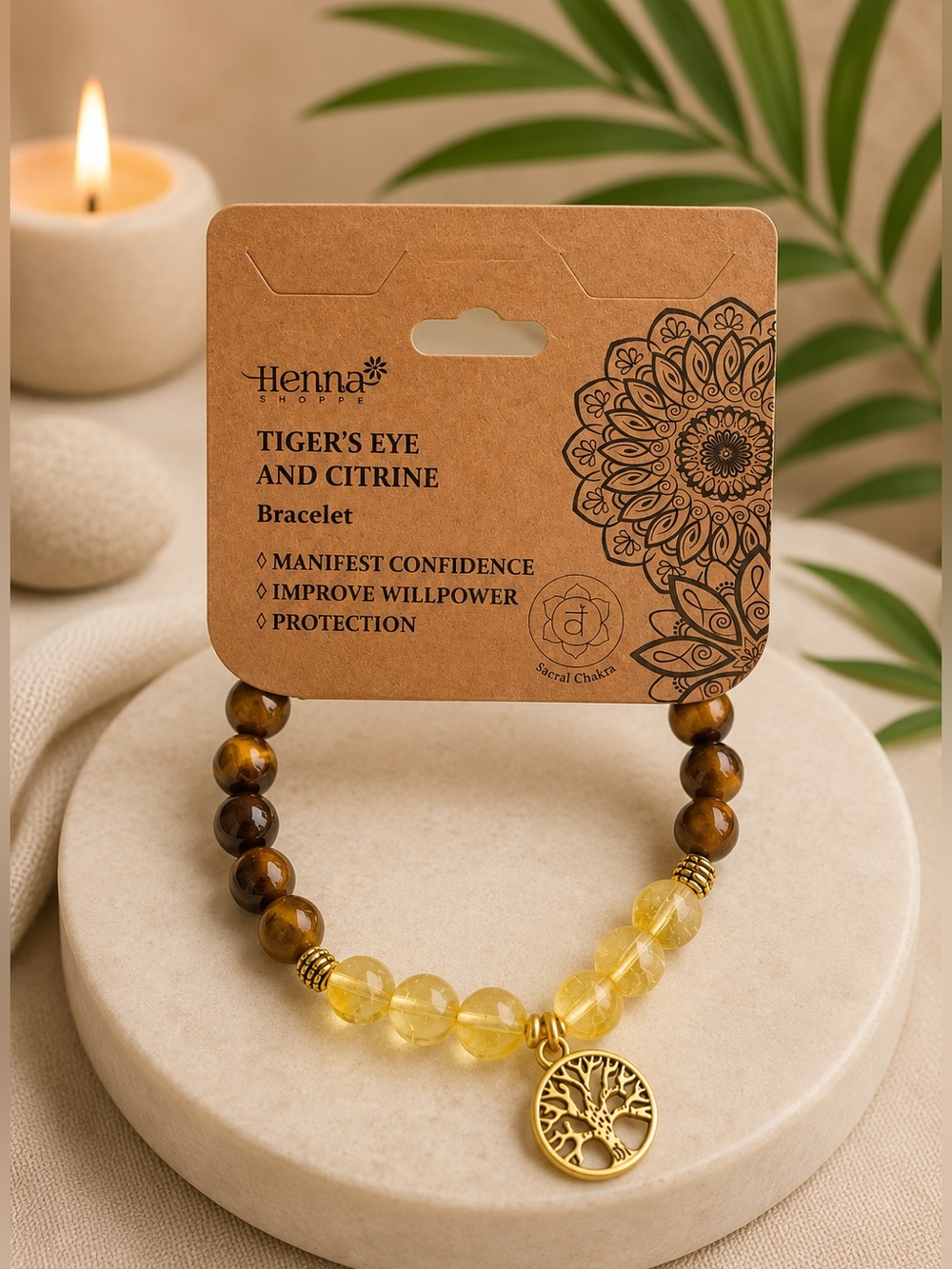 Tiger’s Eye & Citrine Bracelet – Tree of Life | 8mm Beads | For Protection NWT